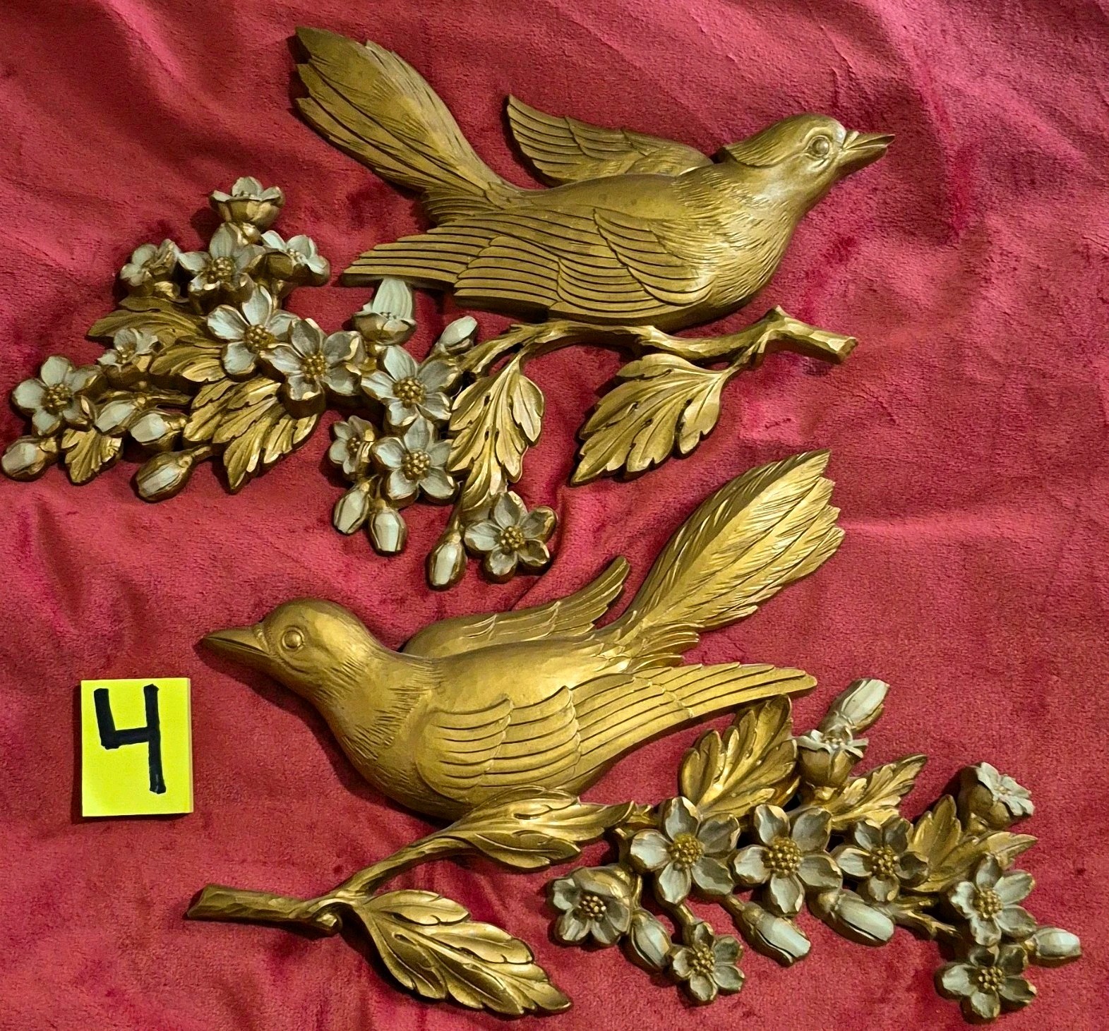 VTG 1960’s SYROCO HOMCO PLASTIC WALL DECOR MCM BIRDS DOGWOOD RETRO GOLDTONE 