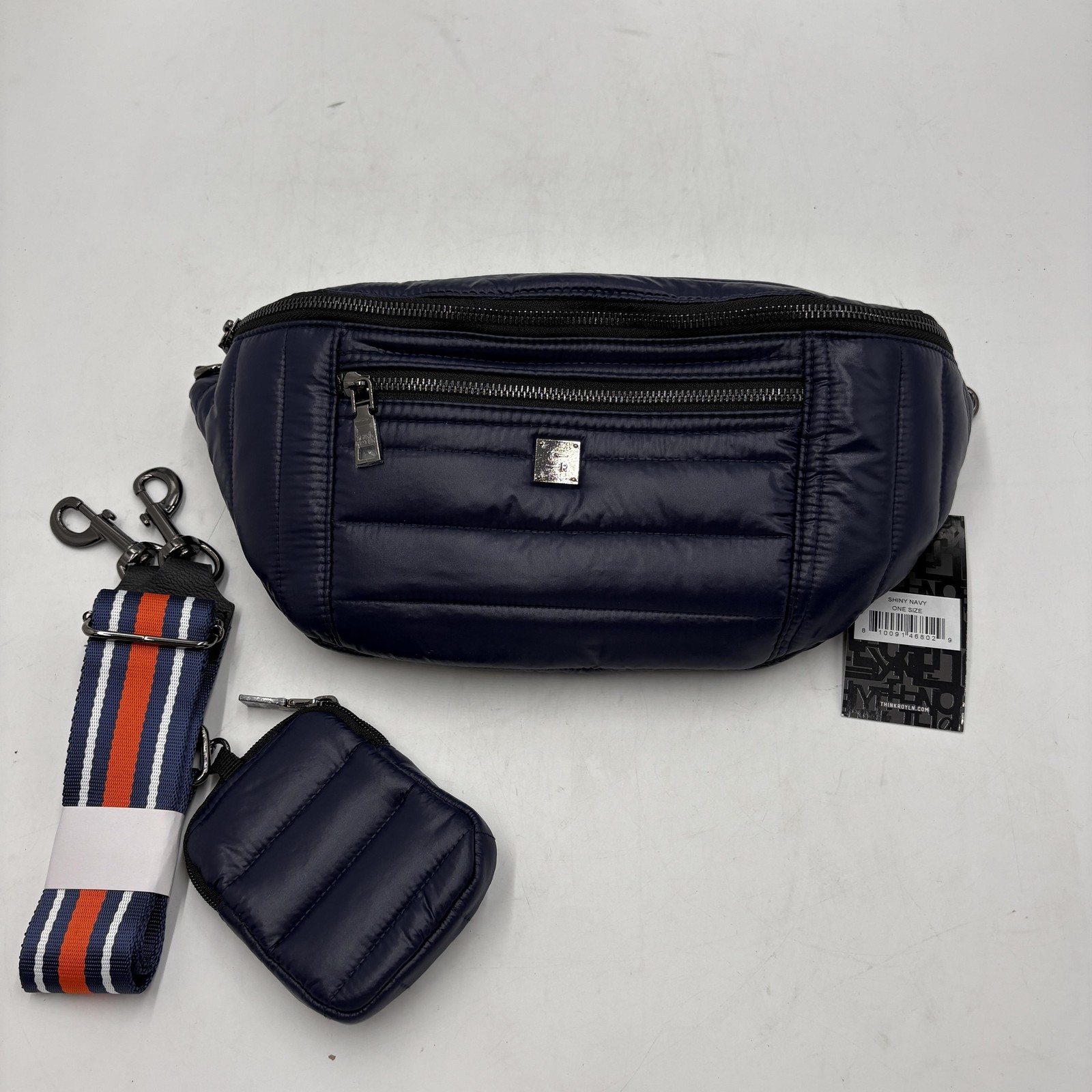 Think Royln Belt Bag Womens Medium, Shiny Navy Quilted Fanny Pack Crossbody