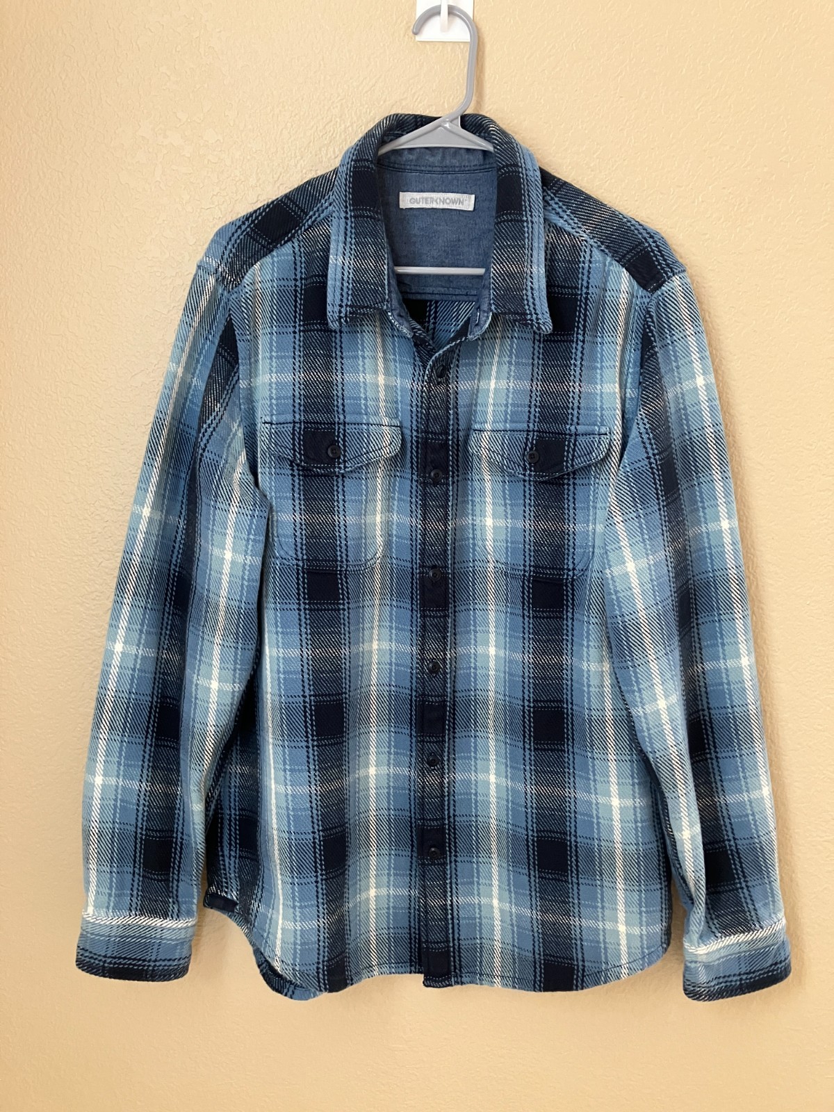 Outerknown Blanket Shirt Men\'s Size Large Blue Plaid Flannel Button Up Outerknown Blanket Shirt Men\'s Size Large Blue Plaid Flannel Button Up