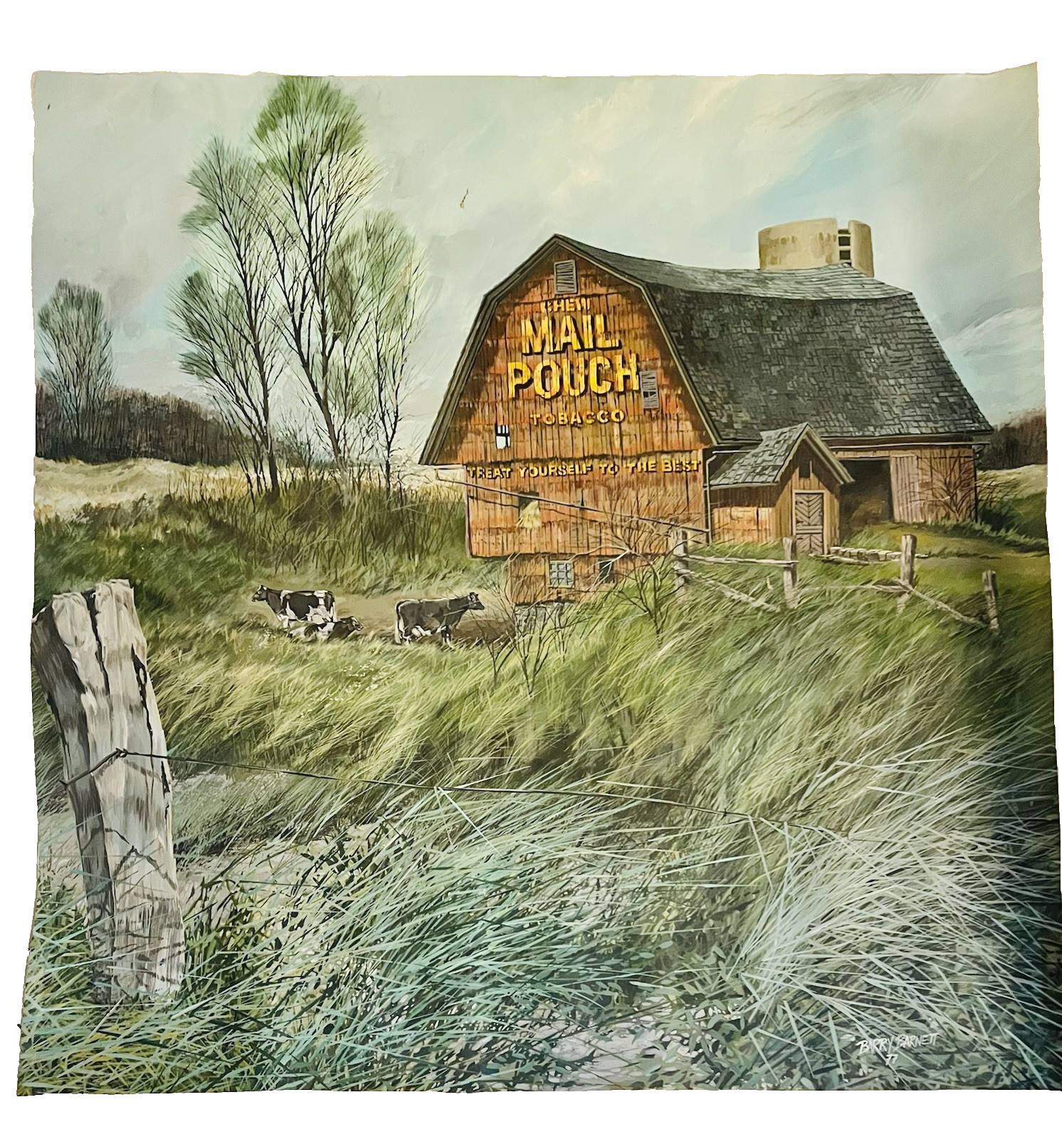 Vintage 1977 Barry Barnett Original Painting Canvas Mail Pouch Tobacco Chew HUGE