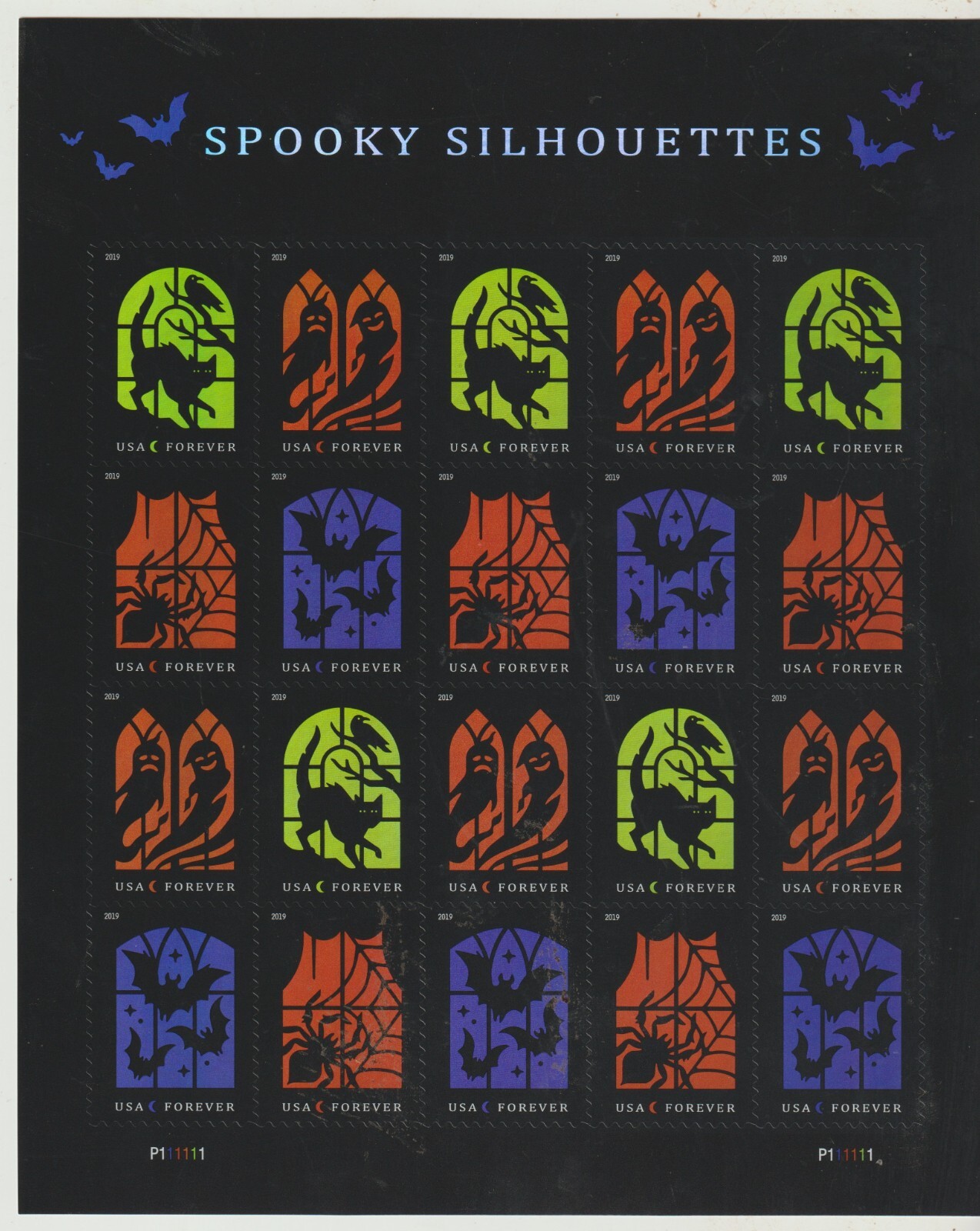 Spooky Silhouettes Sheet of 20 USPS 1st class one ounce Stamps sent from OKC, OK