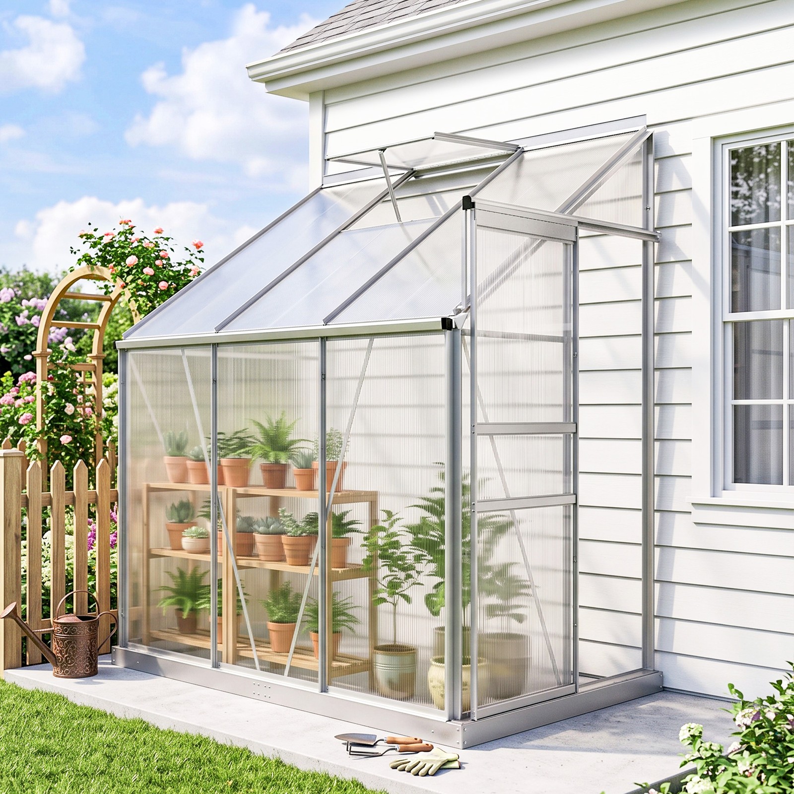 6' x 4' Walk-in Garden Polycarbonate Greenhouse Kit w/ Adjustable Vent, Clear