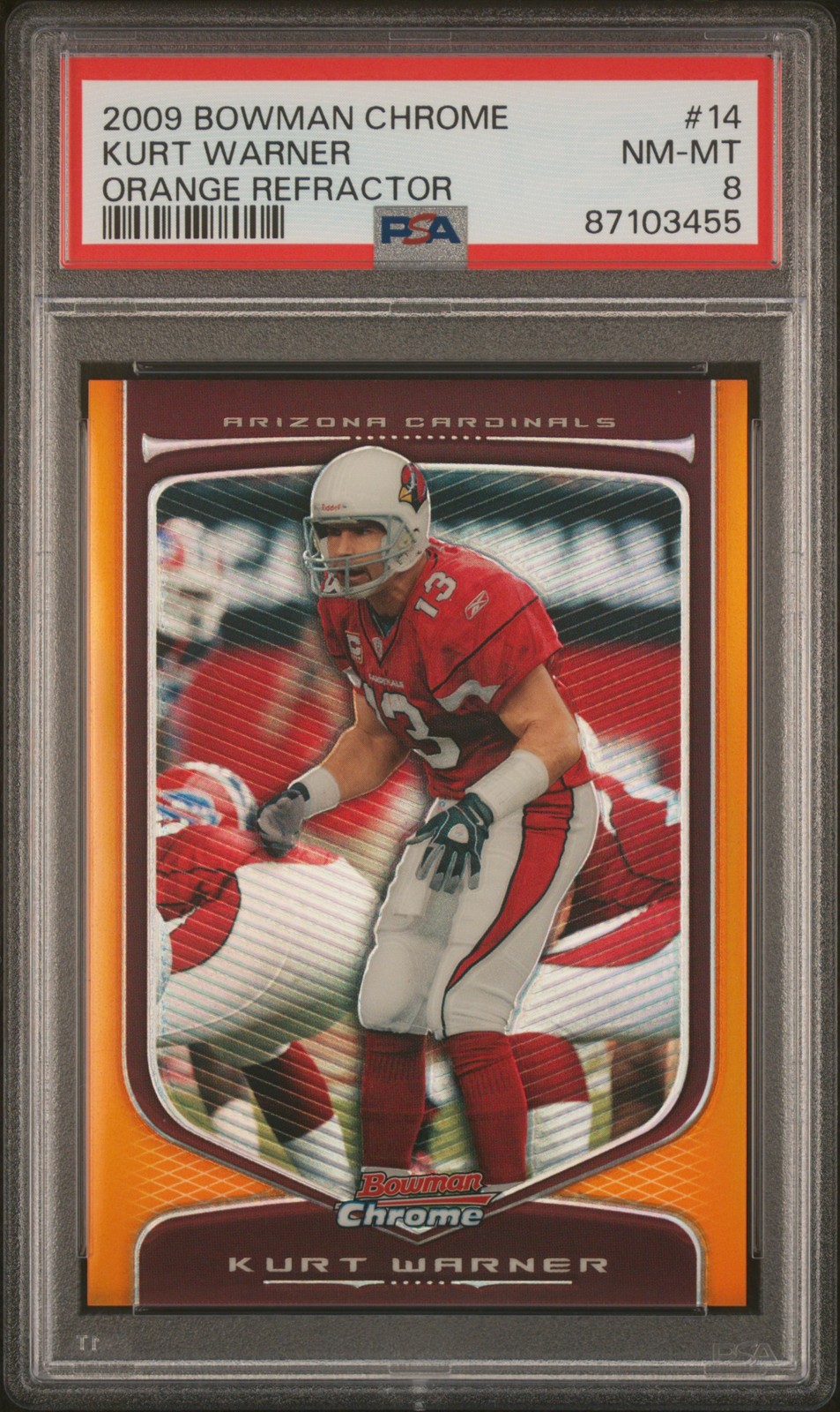 2009 Bowman Chrome #14 Kurt Warner Orange Refractor PSA 8 #/25 SP 2009 Bowman Chrome #14 Kurt Warner Orange Refractor PSA 8 #/25 SP