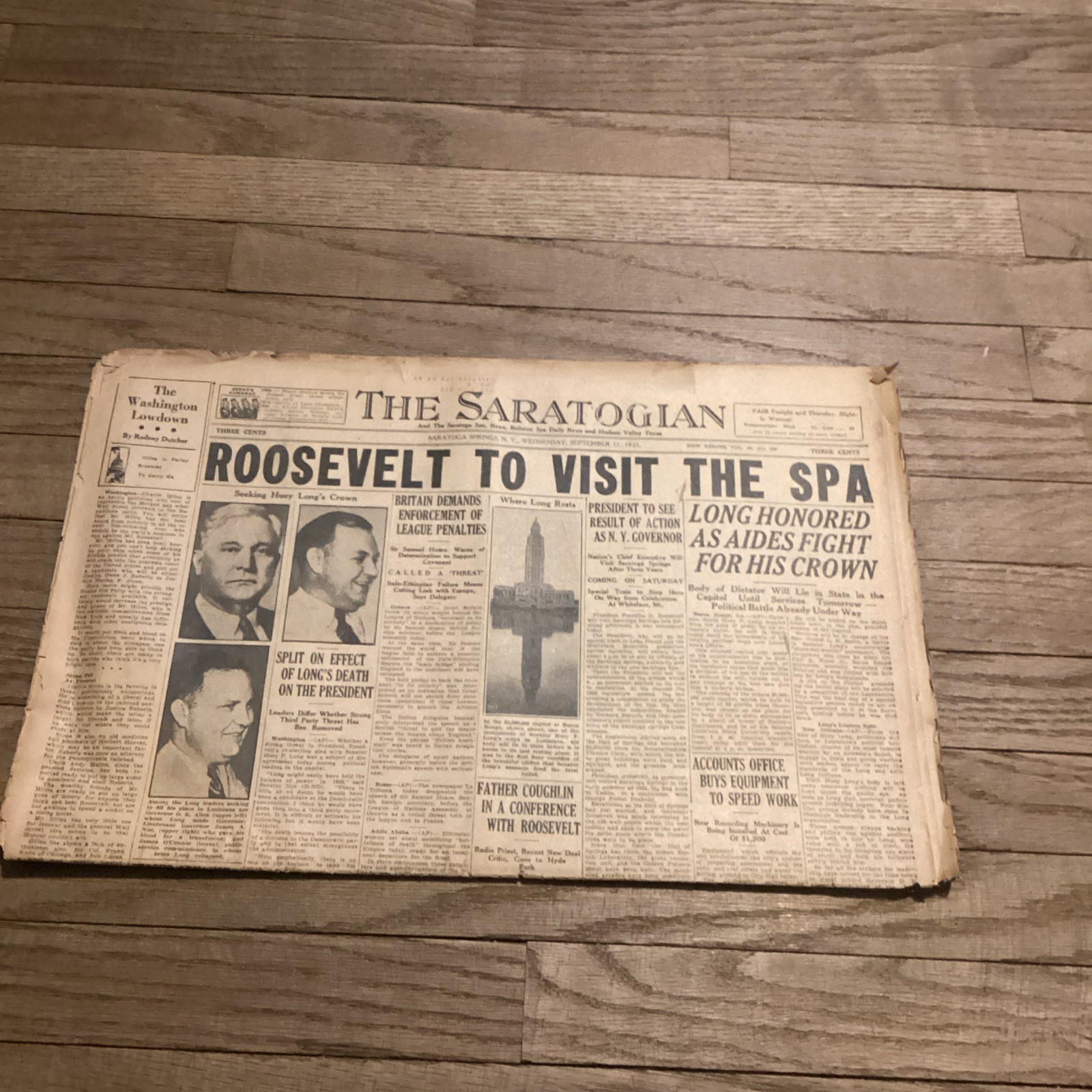 September 11, 1935 The Saratogian Newspaper “Roosevelt To Visit Spa” *RARE* September 11, 1935 The Saratogian Newspaper “Roosevelt To Visit Spa” *RARE*