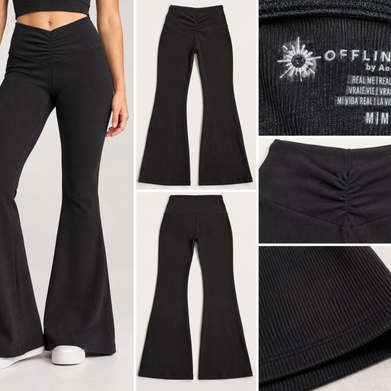 OFFLINE by Aerie Flare Leggings Women Medium Black Excellent Ribbed V-Waist