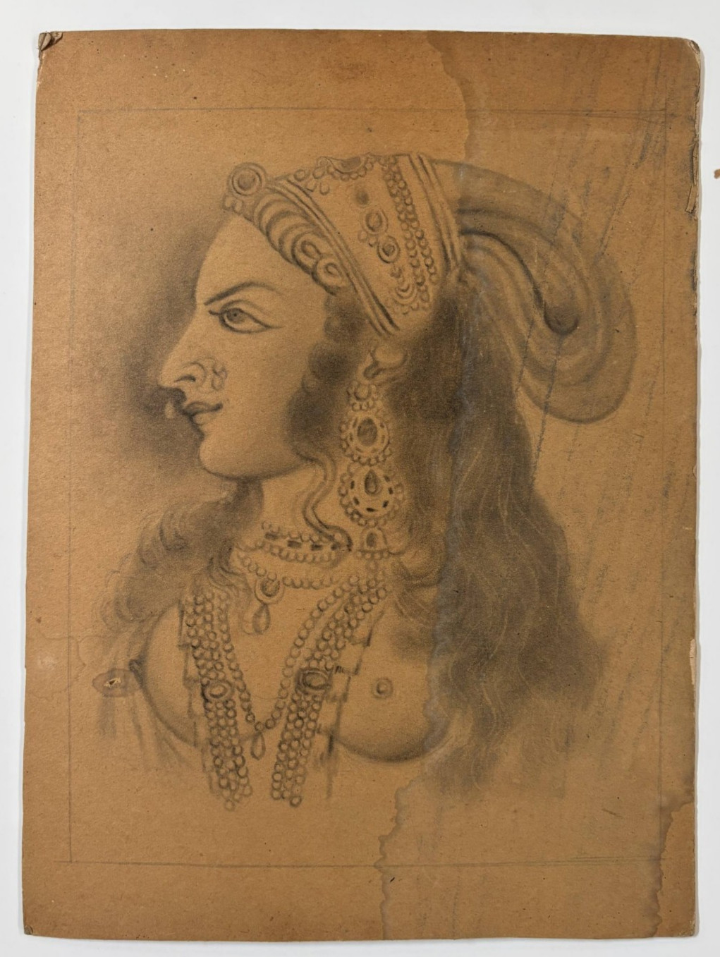 Vintage Indian Portrait Drawing Royal Woman Princess Maharani Charcoal Pencil Ar