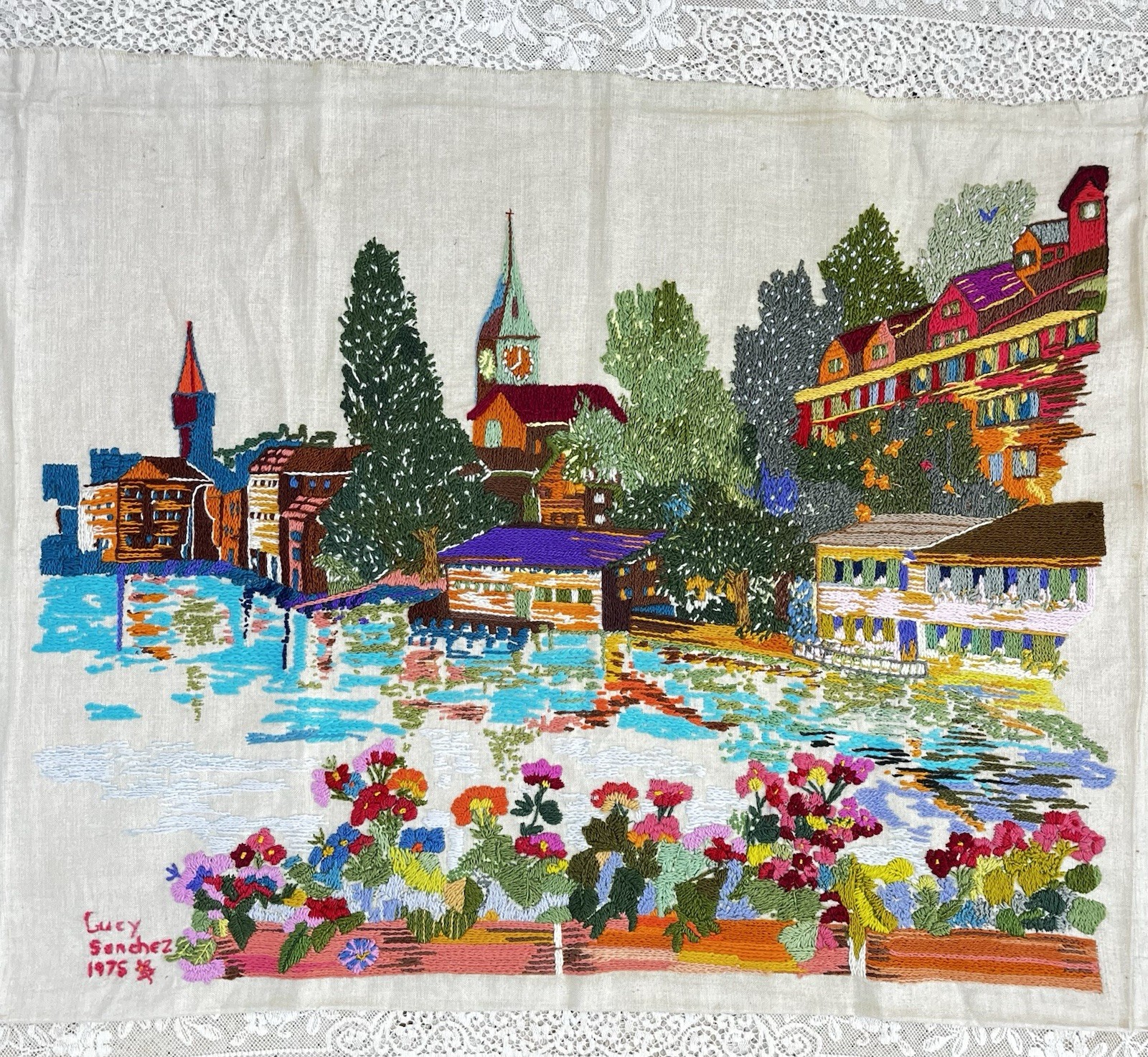 Vtg BIG Finished Bucilla Crewel “Zurich Town” Bold Colorful Flowers Euro Charm Vtg BIG Finished Bucilla Crewel “Zurich Town” Bold Colorful Flowers Euro Charm