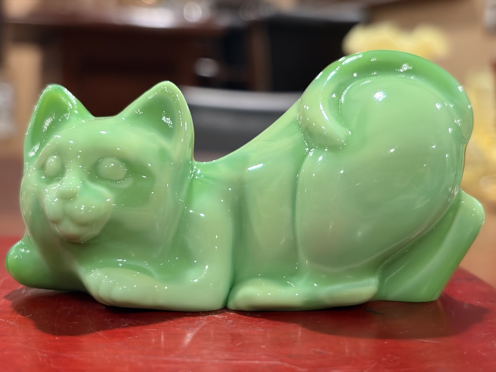 RARE Vtg Fenton Jadeite Green Glass Grooming Cat Figurine Raised Hind Leg w/box RARE Vtg Fenton Jadeite Green Glass Grooming Cat Figurine Raised Hind Leg w/box