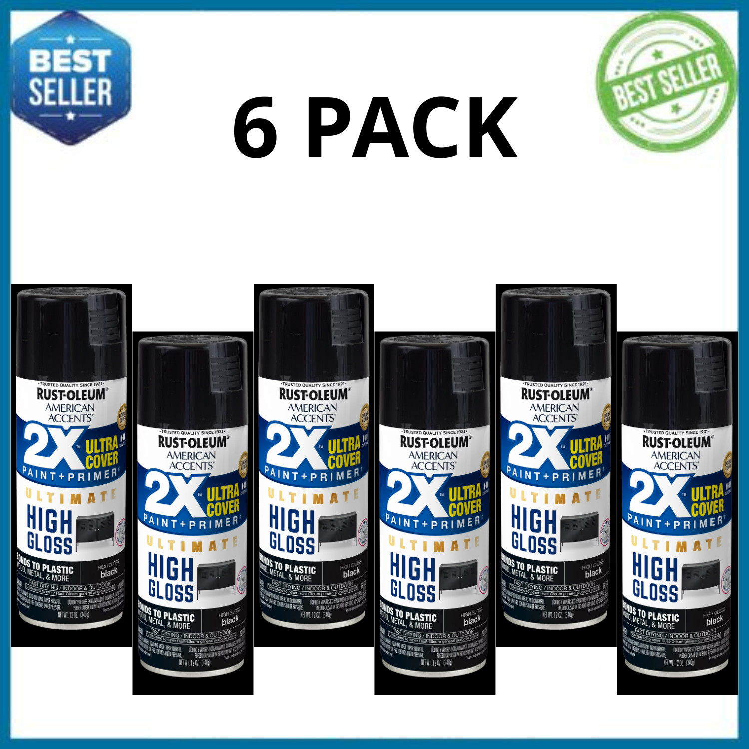 Rust-Oleum American Accents 2X Ultra Cover Gloss Black Spray Paint 12oz, 6 Pack