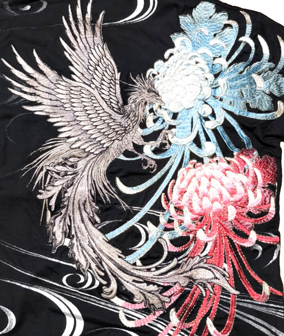 Karakuri Tamashii IKI Japanese Phoenix Houou Embroidered Polo Shirt Black Men M