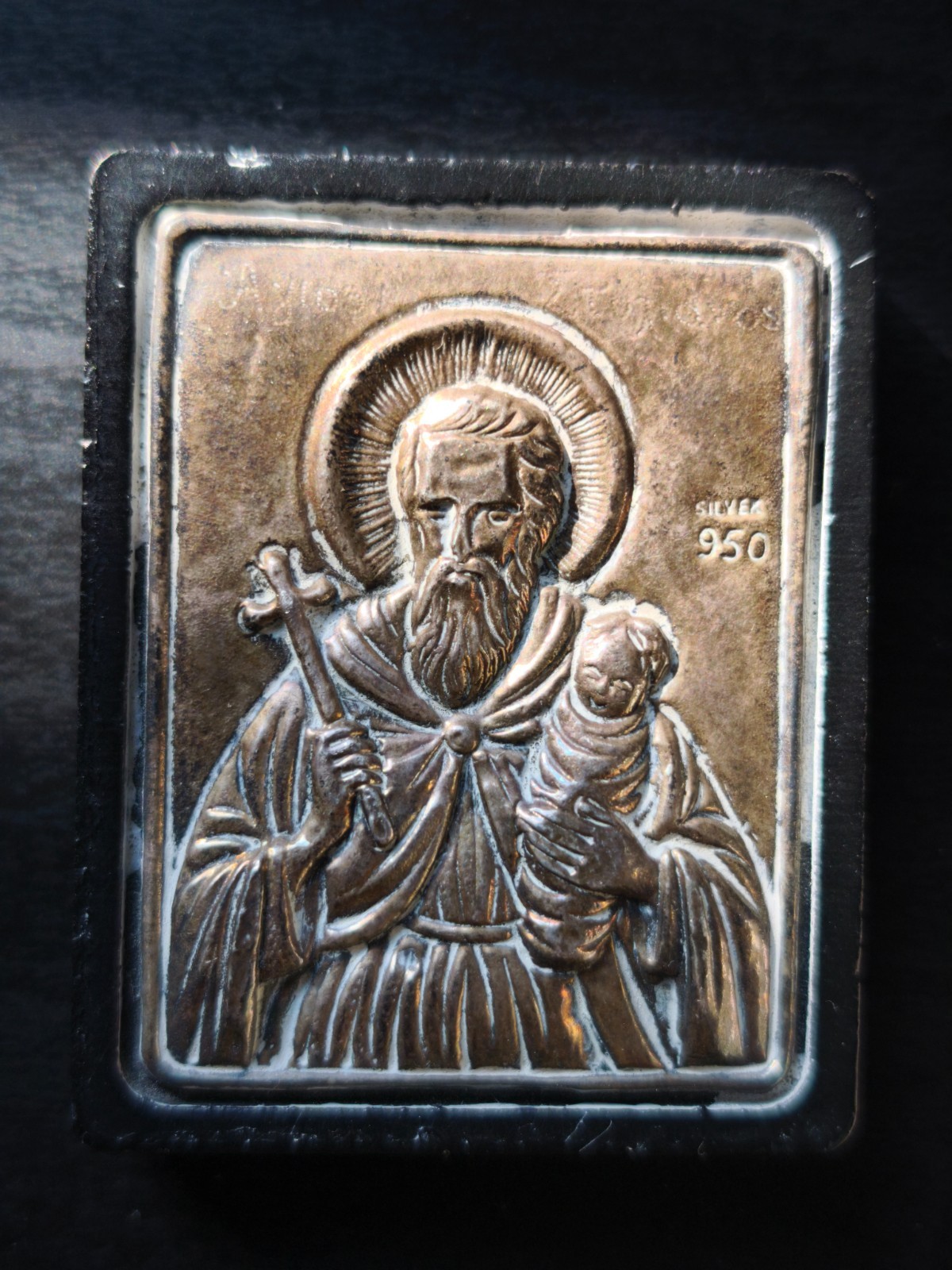 Vintage Greek Silver 950 Orthodox Icon Saint Stylianos Holding Baby Sacred Art
