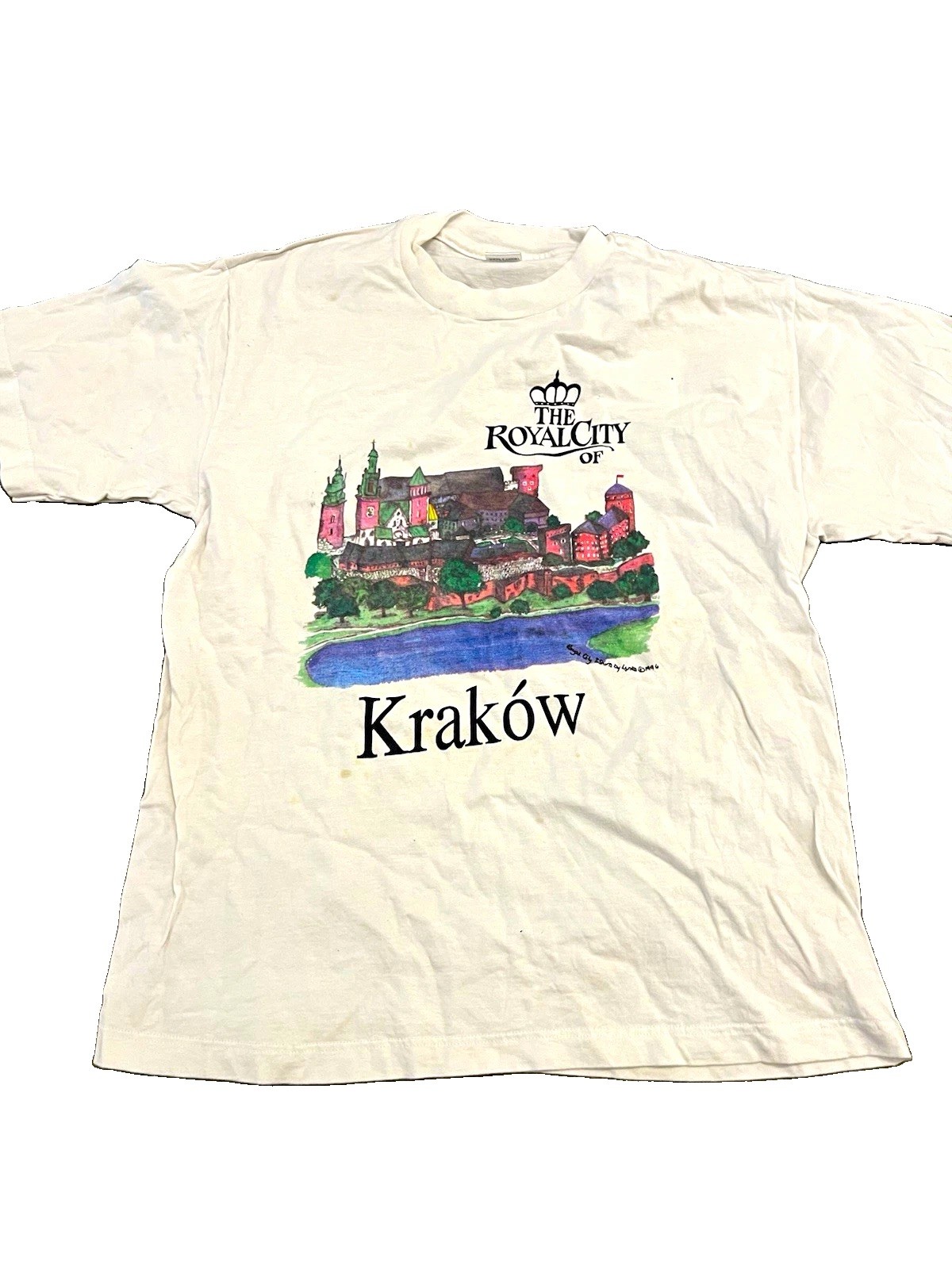 1996 VTG Men’s L White Cotton Knit Crew Neck Krakow City Graphic Print Tee