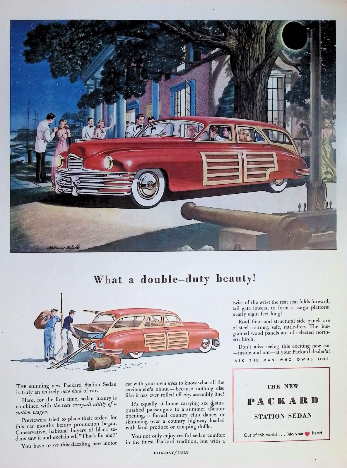 Original 1948 Packard Ad: Station Sedan Woodie Estate Wagon Night Party Art