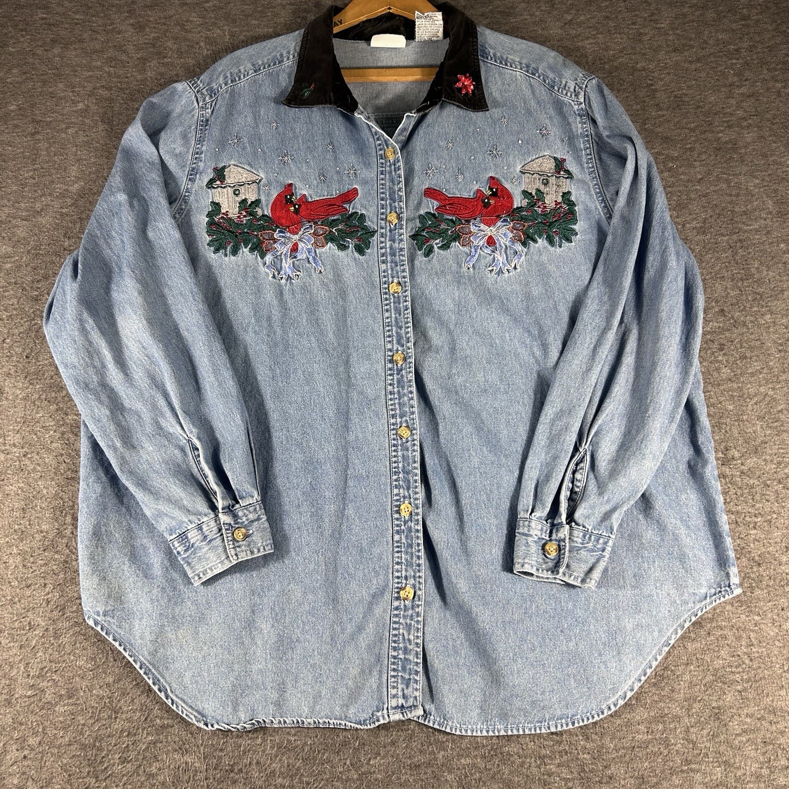 VTG Bobbie Brooks Christmas Cardinal Denim Shirt Size 18/20 Velvet Collar VTG Bobbie Brooks Christmas Cardinal Denim Shirt Size 18/20 Velvet Collar