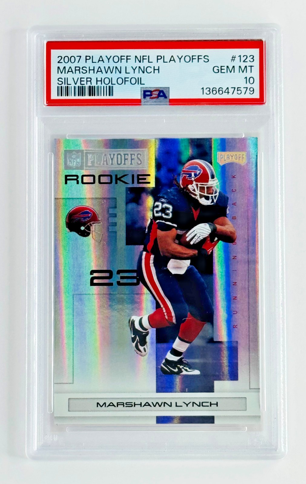 2007 Donruss Playoff Marshawn Lynch Silver Holofoil RC /99 PSA 10 POP 1 Bills SP 2007 Donruss Playoff Marshawn Lynch Silver Holofoil RC /99 PSA 10 POP 1 Bills SP