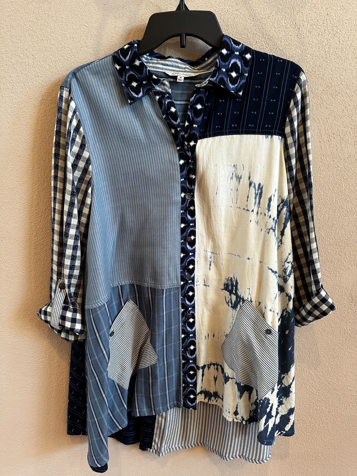 John Mark Button Blouse Medium -- Patchwork Blue, Long Sleeve, Roll Tab, Lyocell