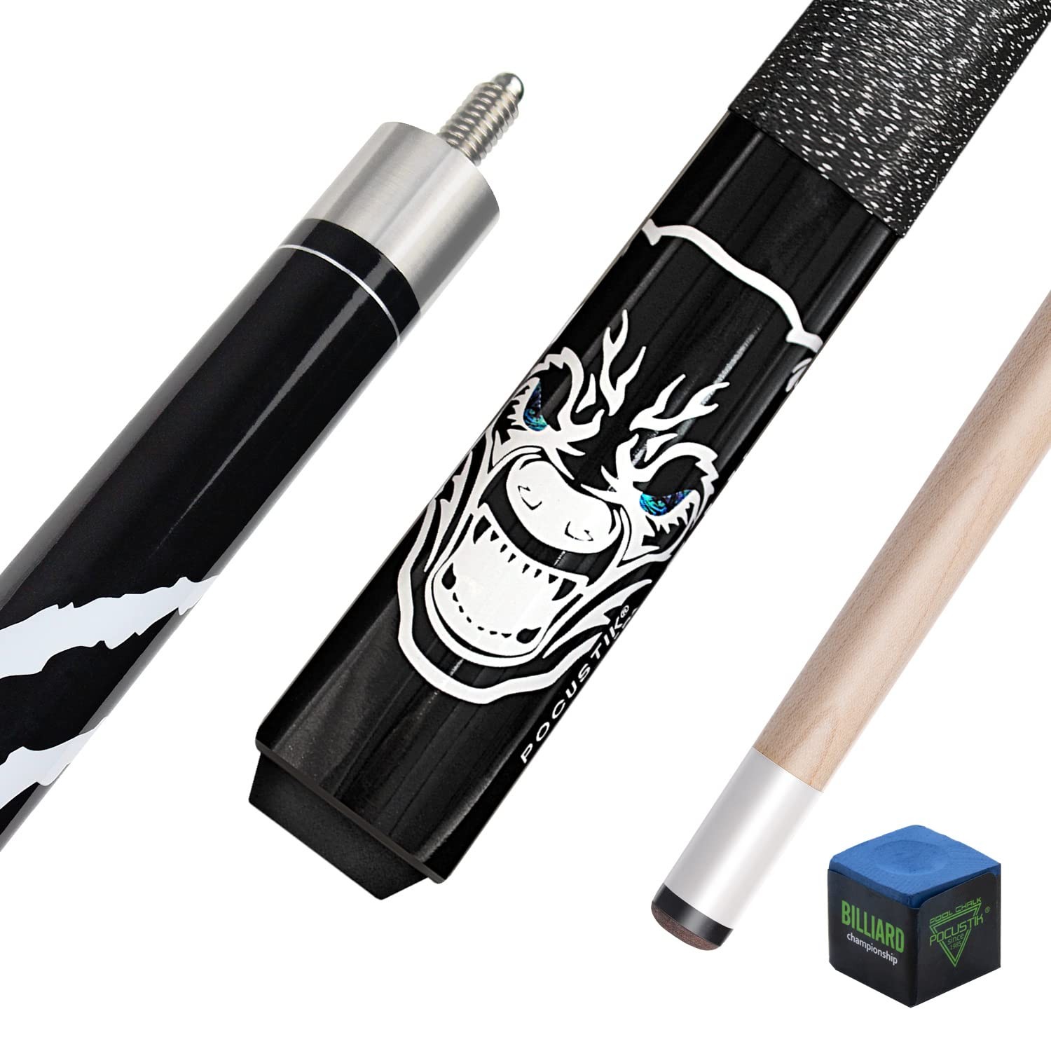 POCUSTIK 58in 2-Piece Pool Cue, Irish Linen, Maple 13mm Tip - Black 20oz