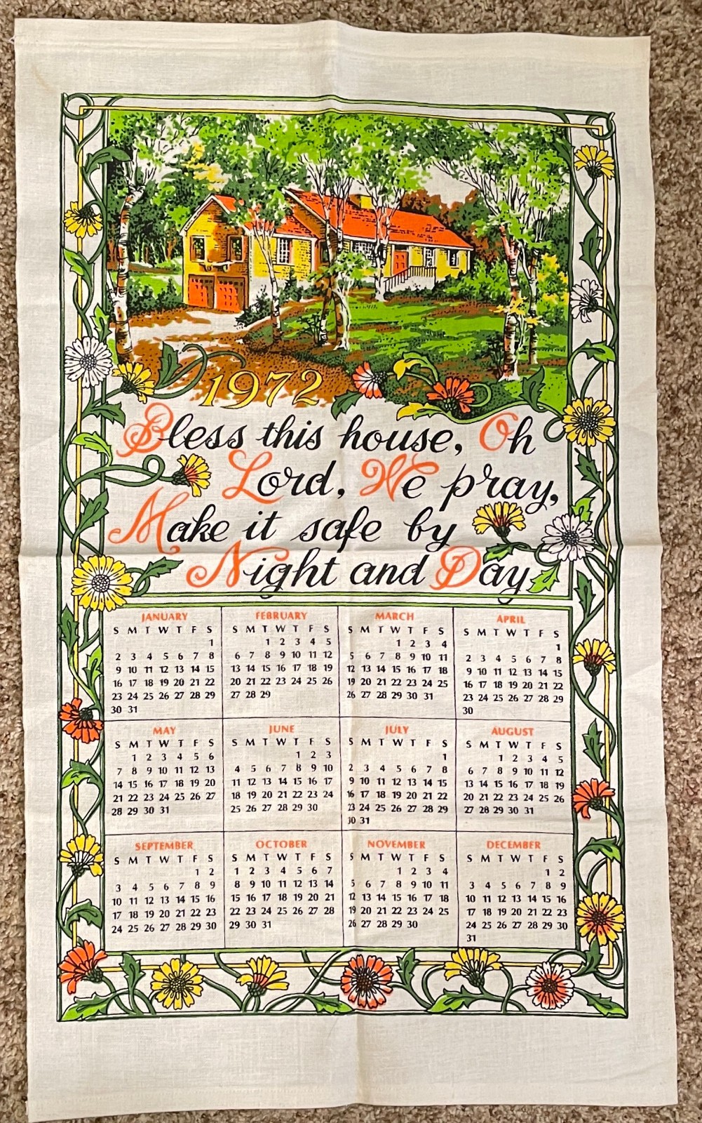 1972 Bless This House Vintage Calendar Linen Tea Towel Flower Motif