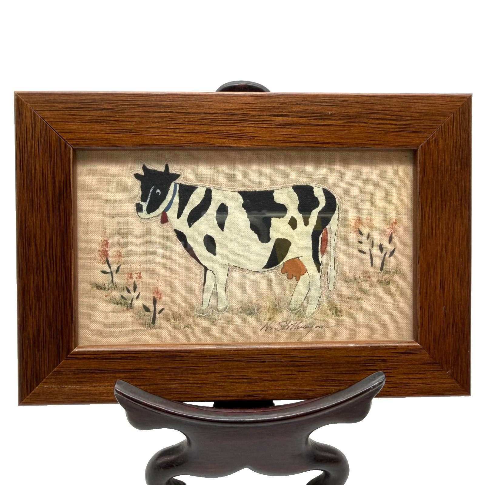 Signed Nancy Stillwagon Folk Art Hand Painted & Stitched Cow Textile Framed Art