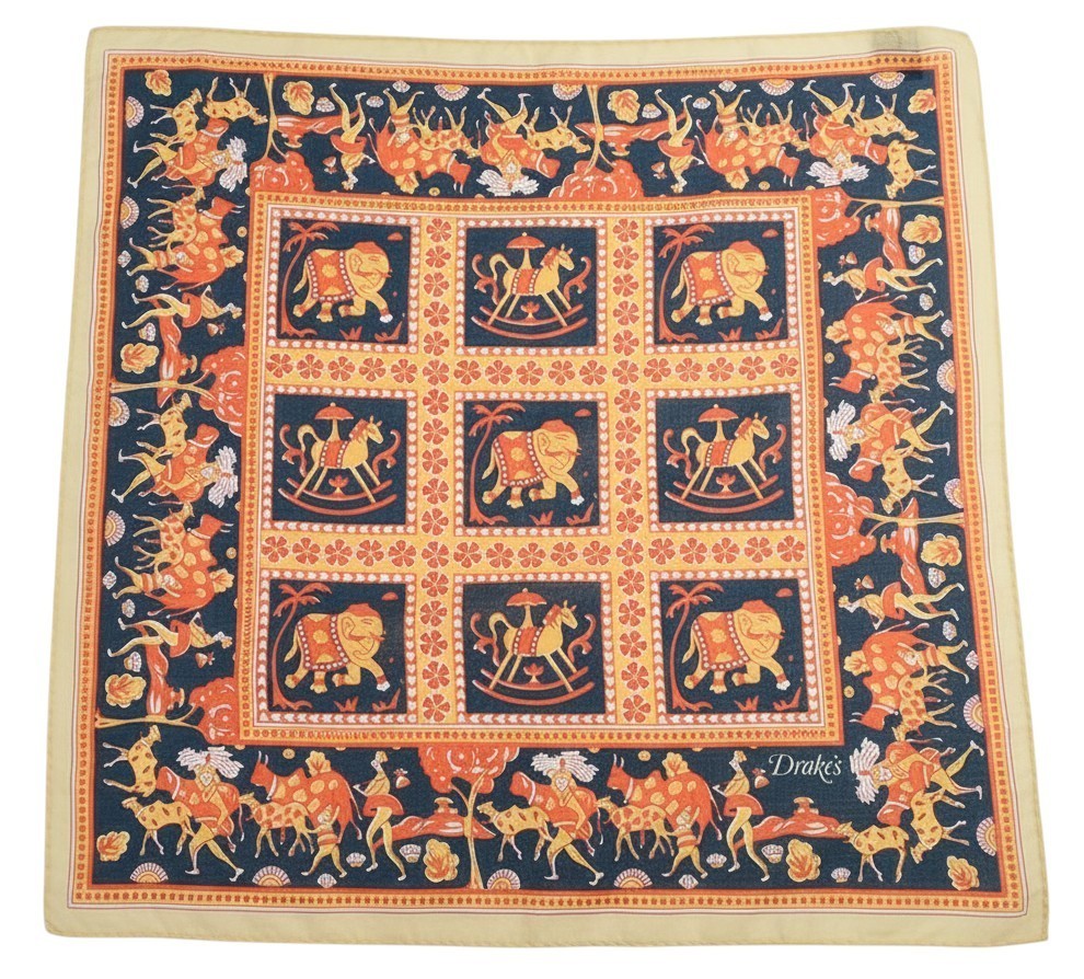 DRAKE\'S Orange Navy ELEPHANT Archival Print Cotton Pocket Square Italy NWOT DRAKE\'S Orange Navy ELEPHANT Archival Print Cotton Pocket Square Italy NWOT