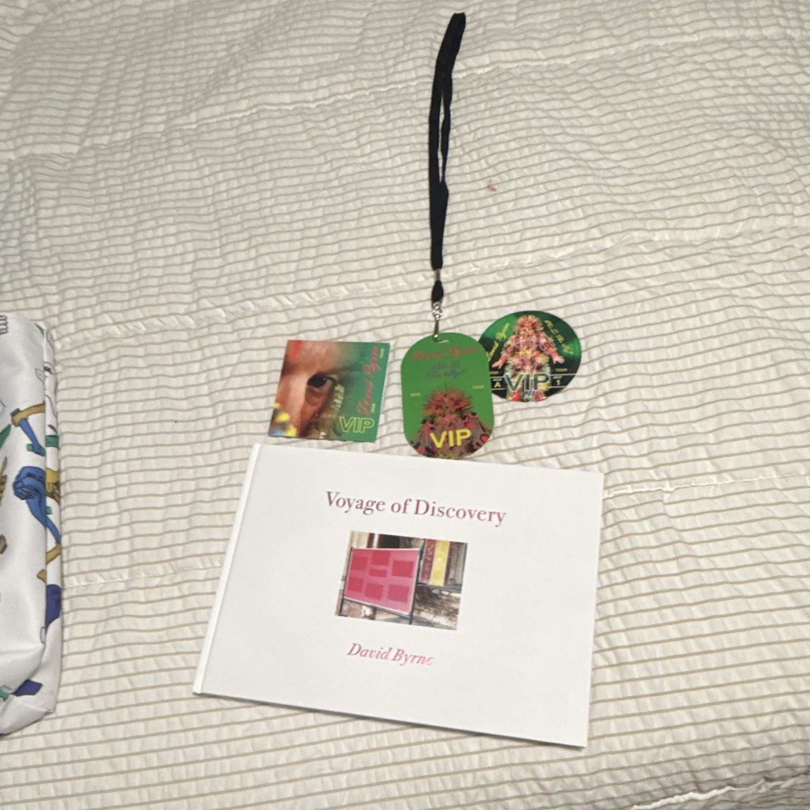 David Byrne Voyage of Discovery VIP Passes & Lanyard, Tote Bag, Signed Book. David Byrne Voyage of Discovery VIP Passes & Lanyard, Tote Bag, Signed Book.