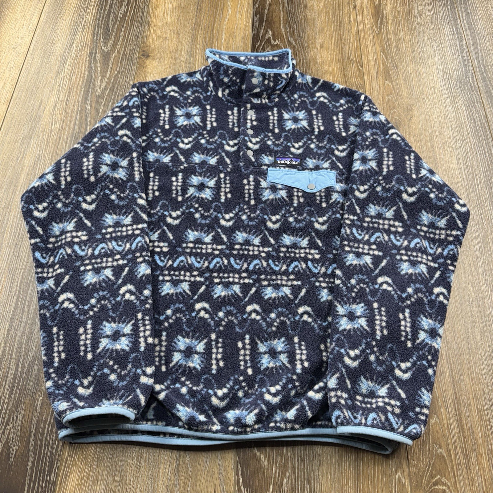 Patagonia Synchilla Snap-T Fleece Sweater Mens L Sunshine Dye Navy Blue Aztec
