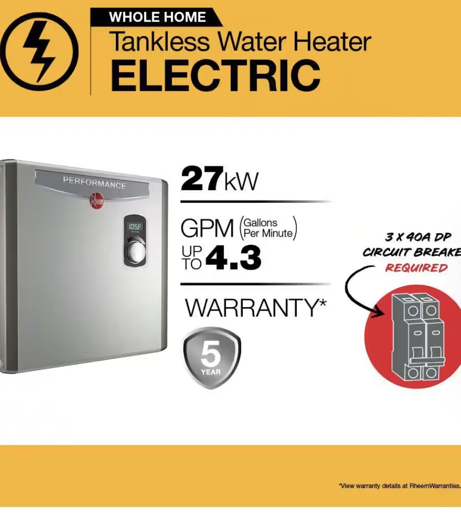 Rheem Performance RETEX-27 Electric Tankless Water Heater 27kW 5.27 GPM 240-Volt Rheem Performance RETEX-27 Electric Tankless Water Heater 27kW 5.27 GPM 240-Volt