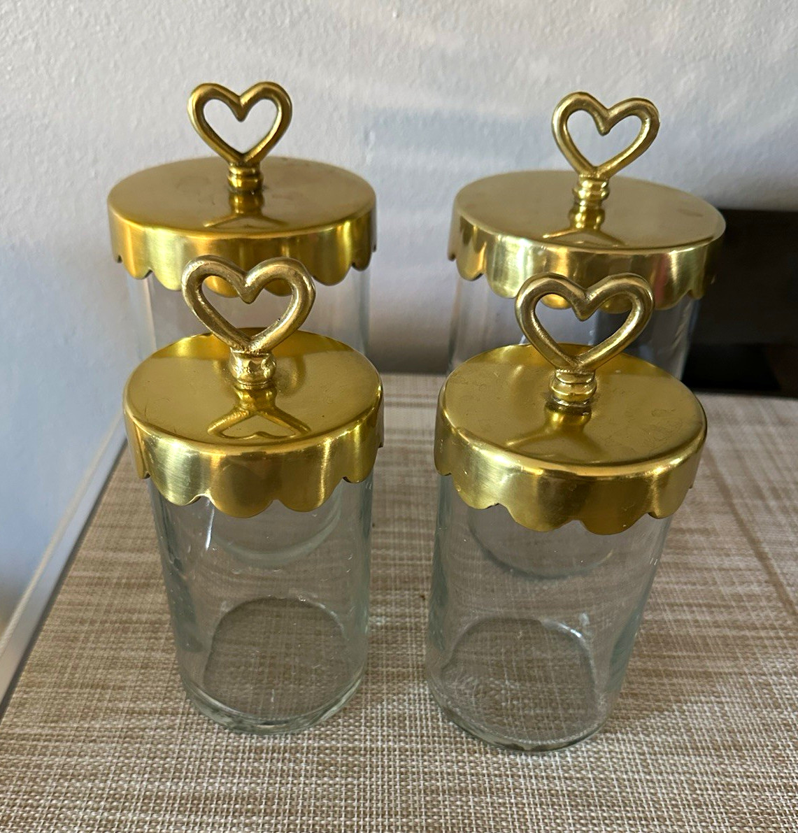Vintage Emily & Meritt Glass Beauty Jars with Brass Scalloped Lids Heart Finials Vintage Emily & Meritt Glass Beauty Jars with Brass Scalloped Lids Heart Finials