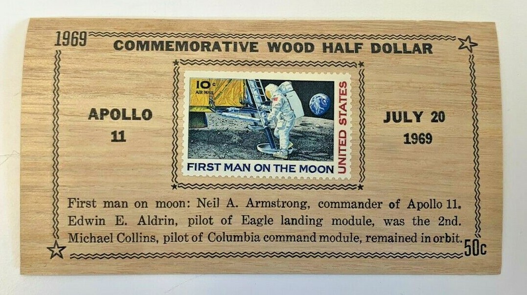 Vintage Commemorative Armstong Wooden Half Dollar Token First Man On Moon Stamp Vintage Commemorative Armstong Wooden Half Dollar Token First Man On Moon Stamp
