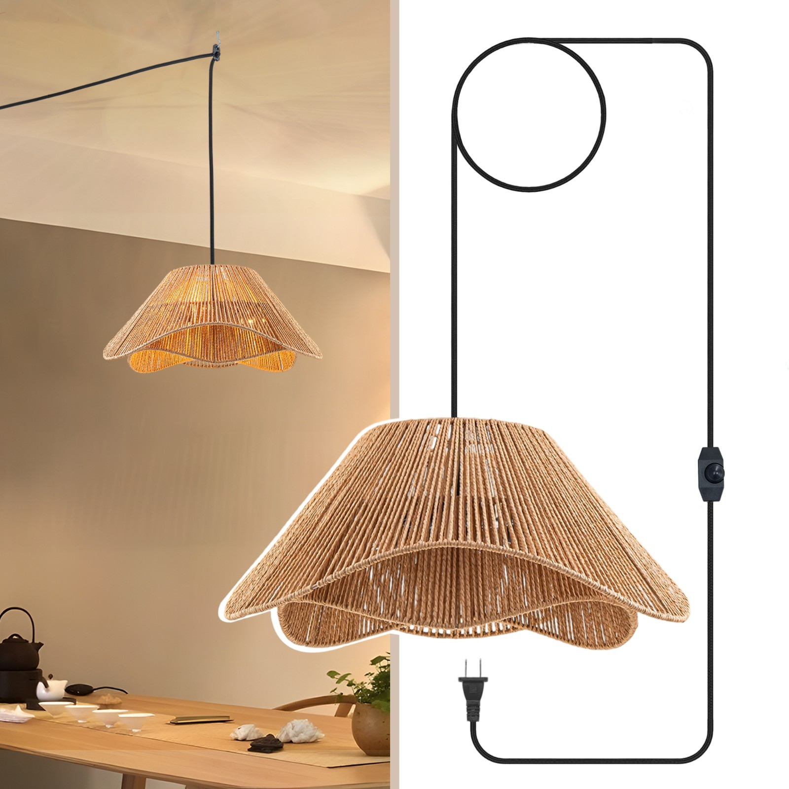 FTL Woven Plug in Pendant Light 20'' Rattan Boho Hanging Lamp Dimmable 3-Lights
