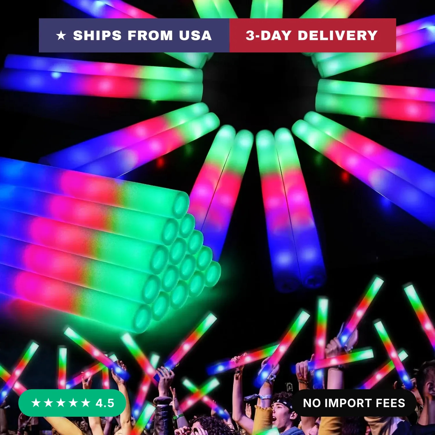 46PCS Foam Glow Sticks, Foam Light Up Sticks with 3 Modes Colorful Flashing, Glo