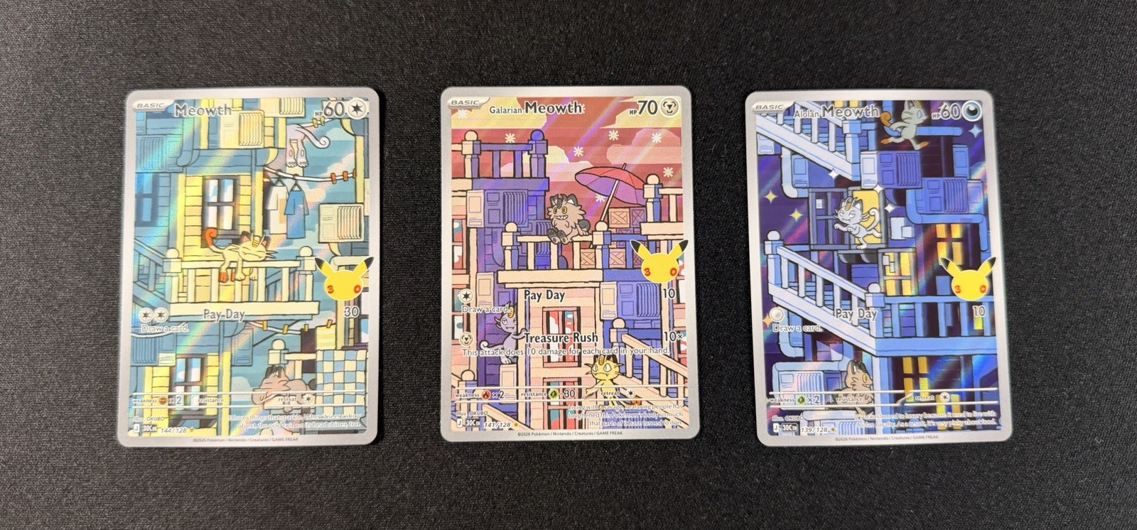 Meowth (3 Pack Set)  144/128 - 141/128 - 139/128: Pokemon 30th Celebration Holo