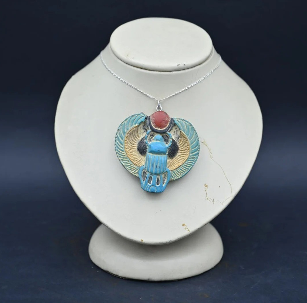 Rare Ancient Egyptian Antiquities Winged Scarab Amulet with Sun Disk Egyptian BC
