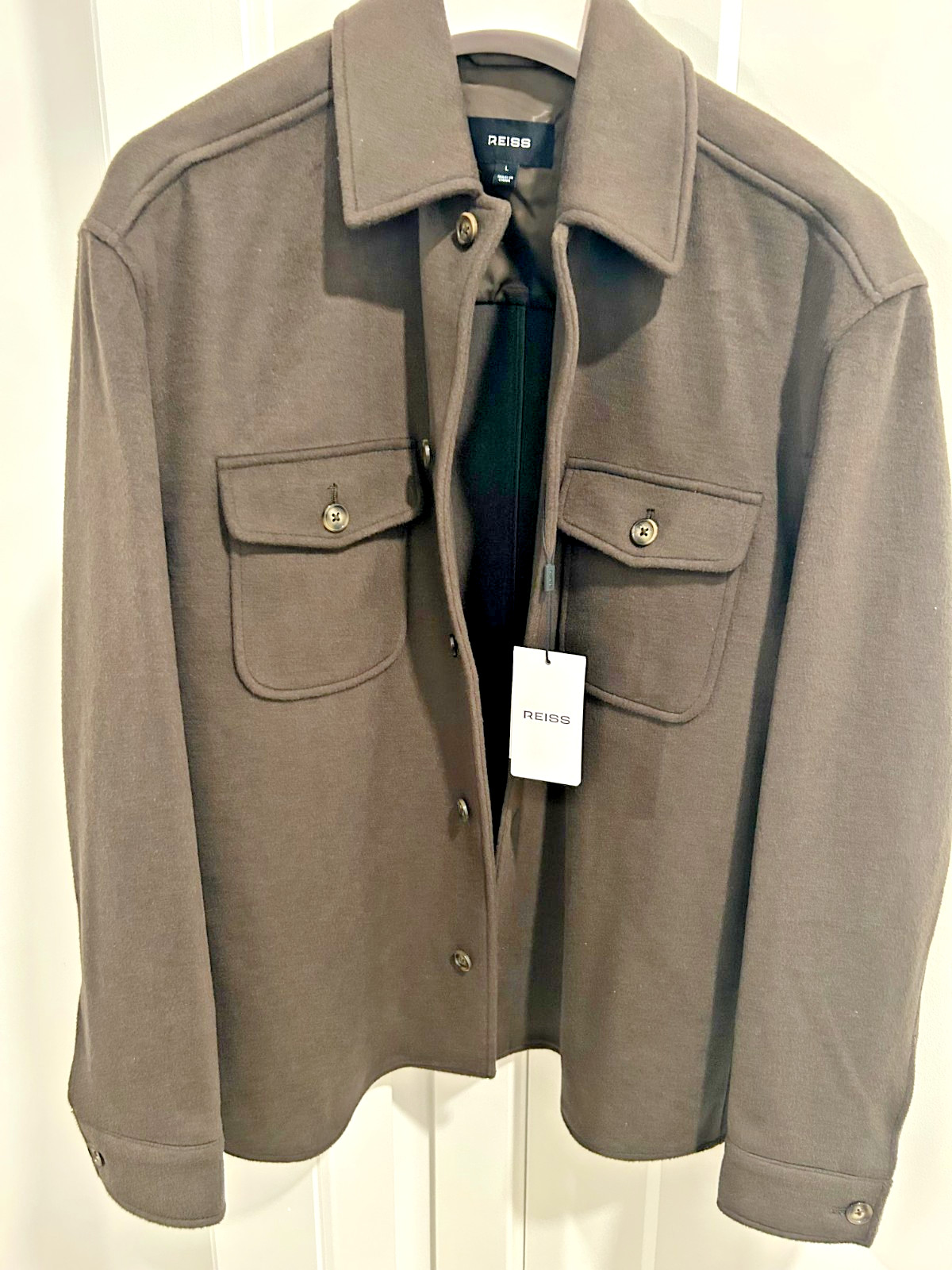 REISS Liam Twin Pocket Overshirt Jacket Khaki Green Mens Large NWT $298 Wool