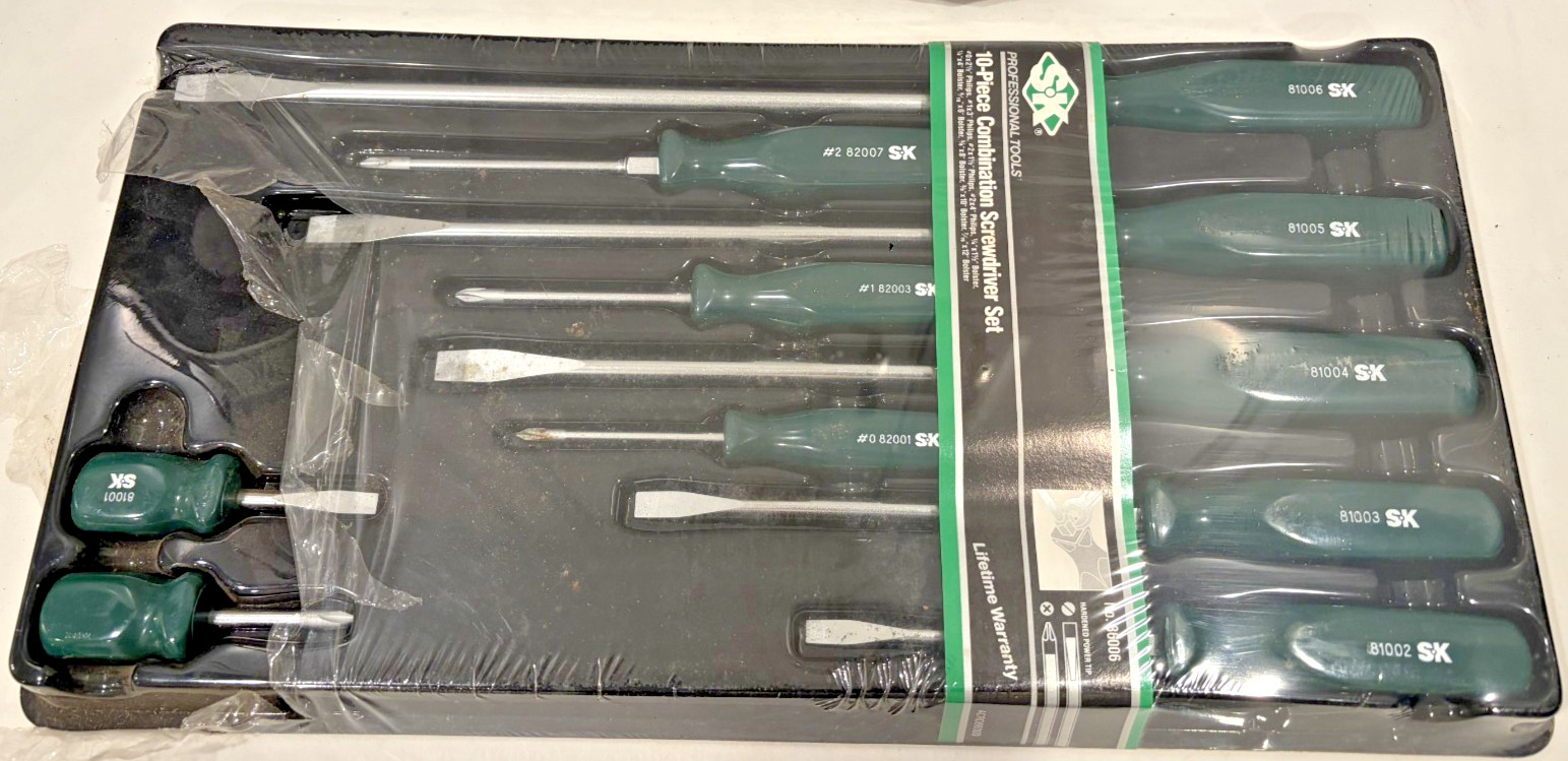 Vintage 90's NOS SK Hand Tools 10 Piece Screwdriver Set 86006 SureGrip Green USA