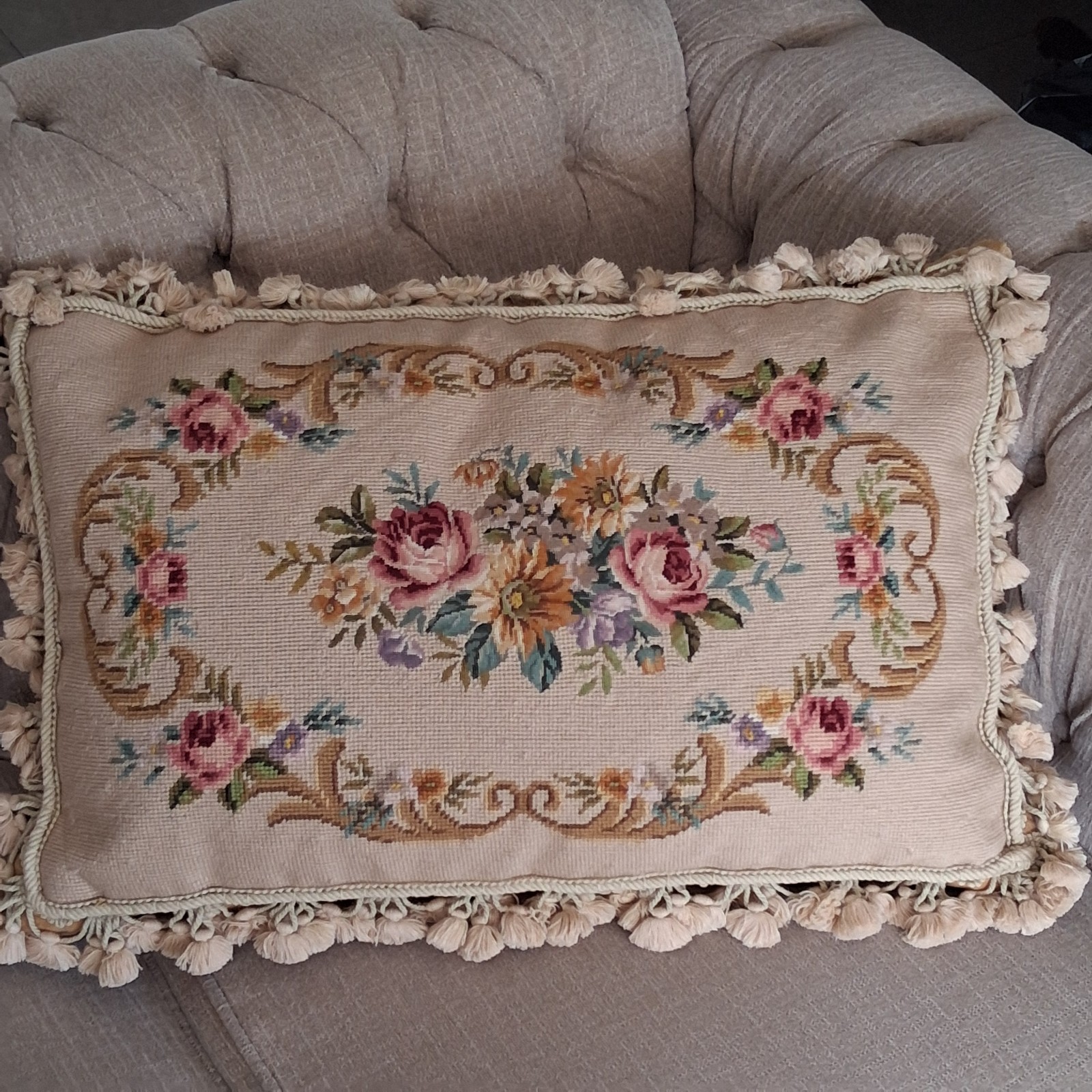 Vintage Hand Knotted Aubusson Down Tapestry Pillow w Tassel Trim Large 26x18\ Vintage Hand Knotted Aubusson Down Tapestry Pillow w Tassel Trim Large 26x18\