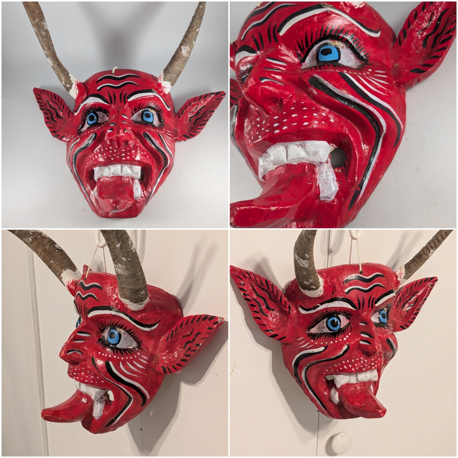 Vintage Diablo Devil Mask Carved Wood with Real Horns. Artisan Made. Mexico Vintage Diablo Devil Mask Carved Wood with Real Horns. Artisan Made. Mexico