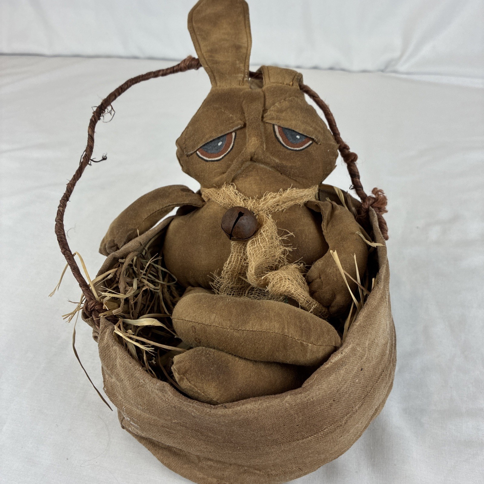 Primitive Folk Art Bunny Rabbit Doll in Fabric Basket Brown Grungy 14\
