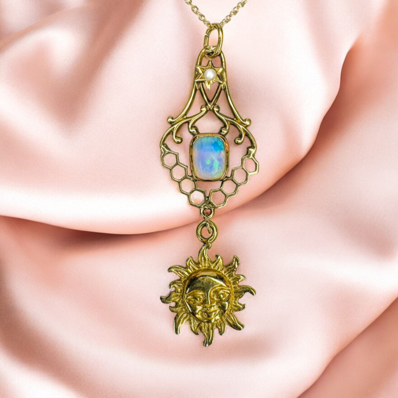 10K Gold Antique Art Nouveau Natural Australian Opal & Seed Pearl Sun Necklace