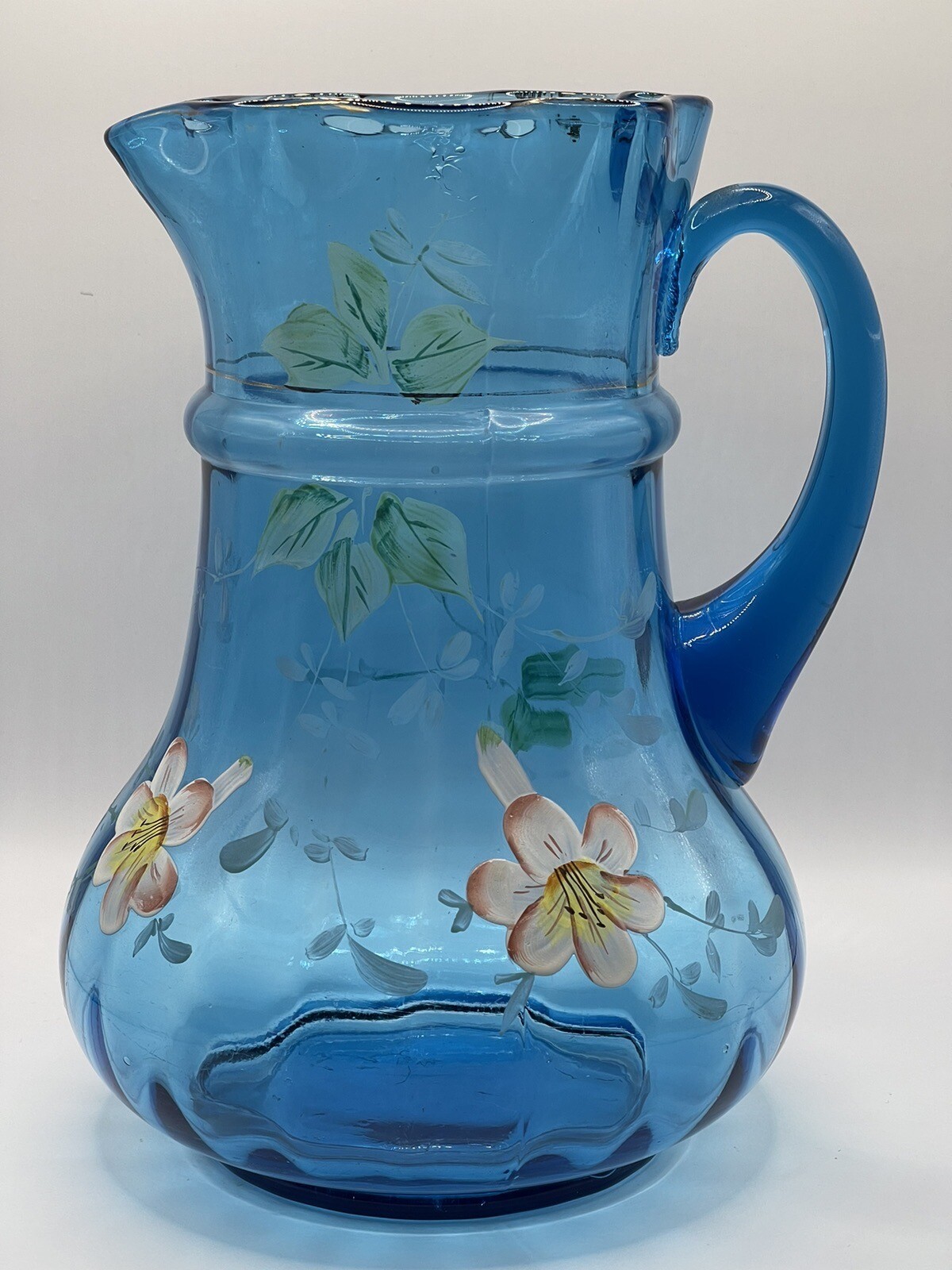 Rare Antique 1890s Victorian Blue Glass Pitcher Hand Painted Floral Ruffled Rim
