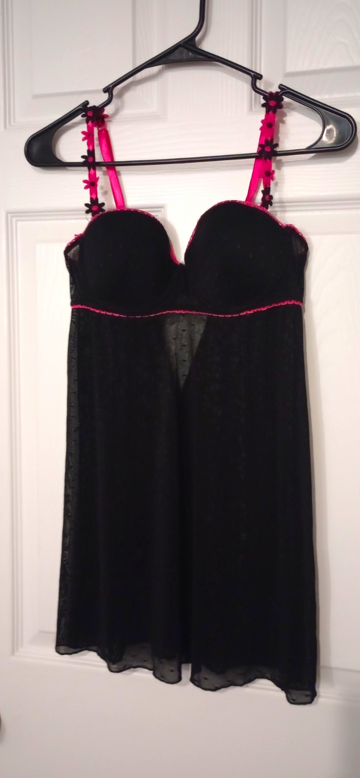 Vintage Y2K Rampage Black & Pink Mesh Babydoll Lingerie Top - Size L