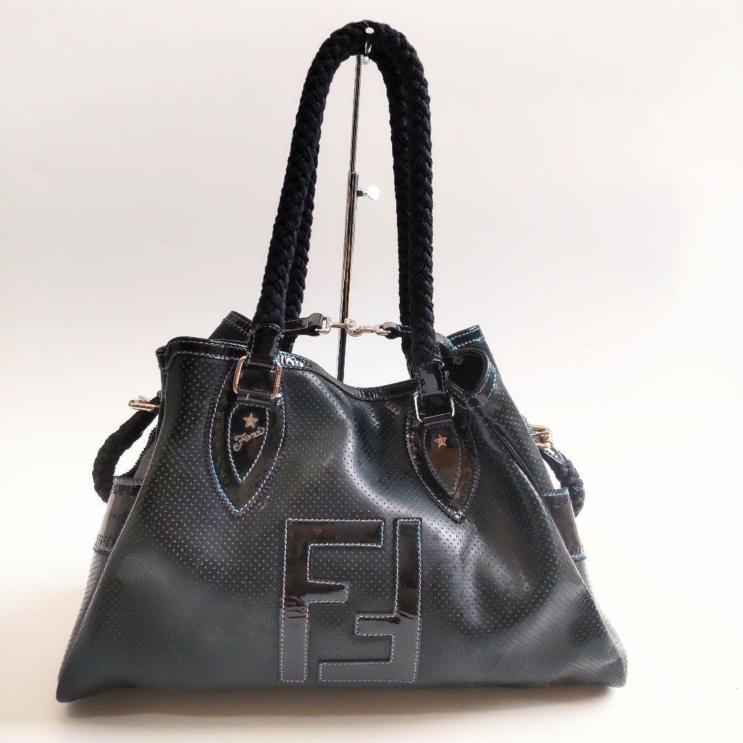 Fendi Etnico Patent Leather Perforated Shoulder Tote Bag Black