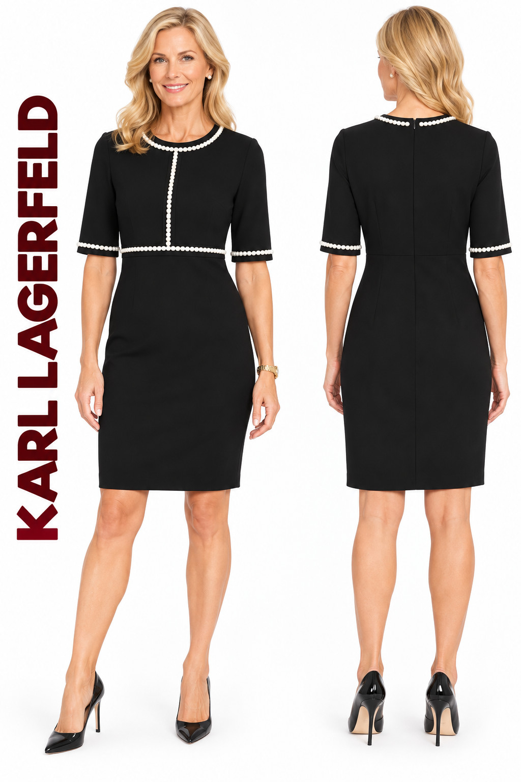 Karl Lagerfeld Paris Pearl Trim Sheath Dress Size 12 Black NWT