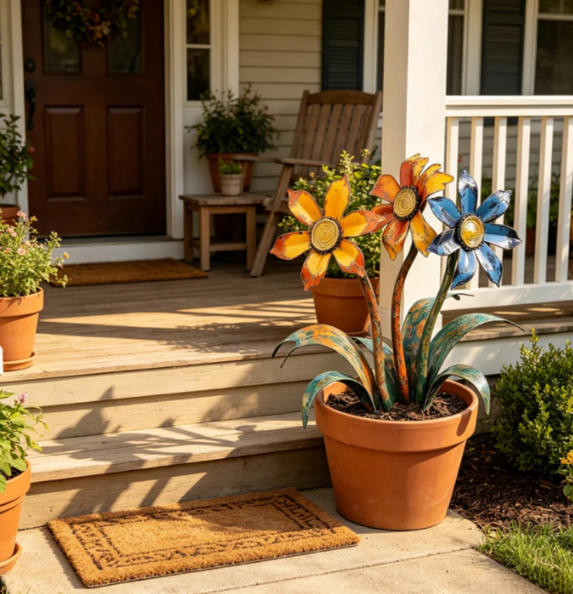 Multicolor Rustic Metal Flower Cluster Sculpture - Pansy Garden Stake