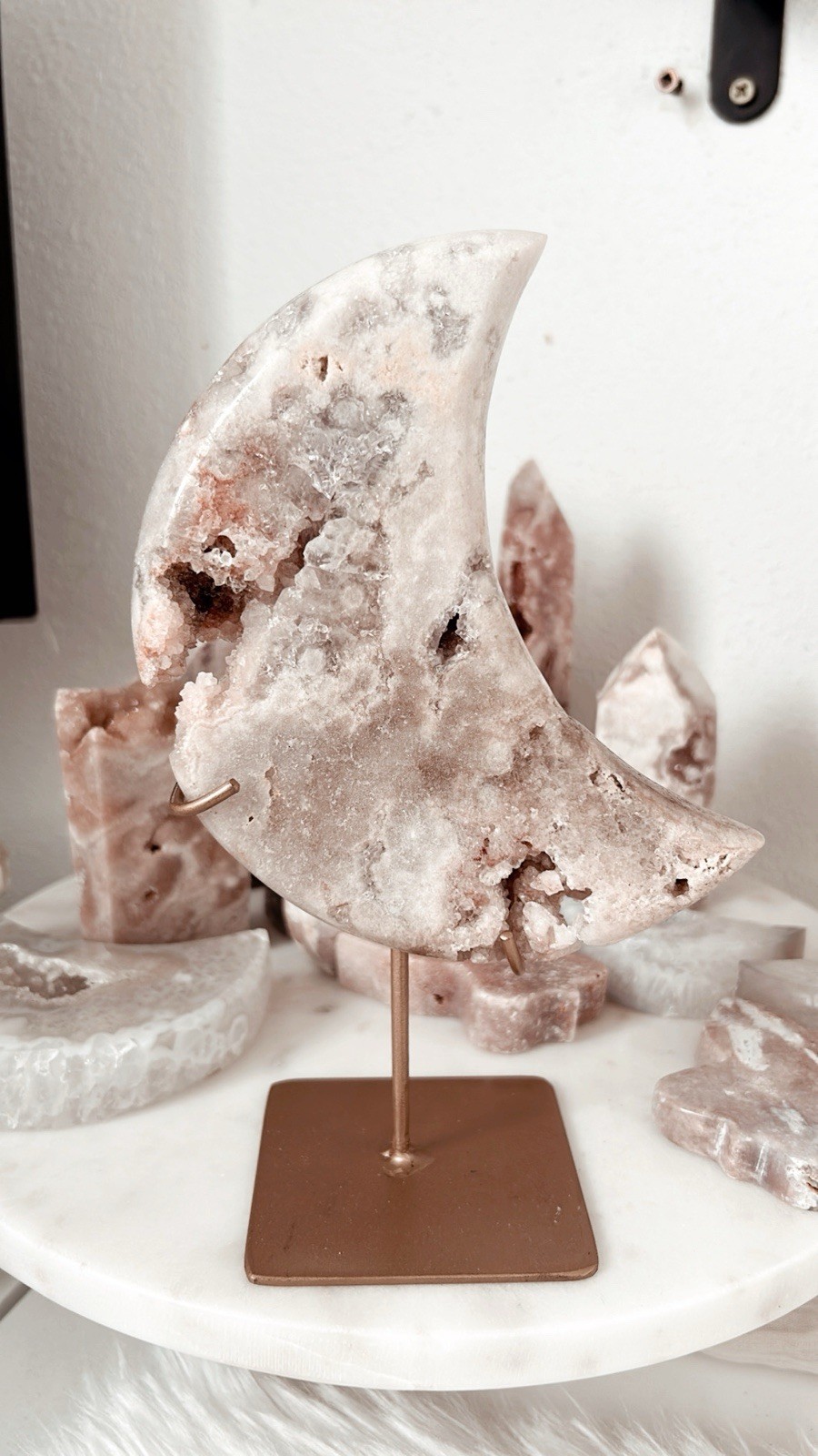 Carved Crystal Crescent Moon Decor Piece on Metal Display Stand