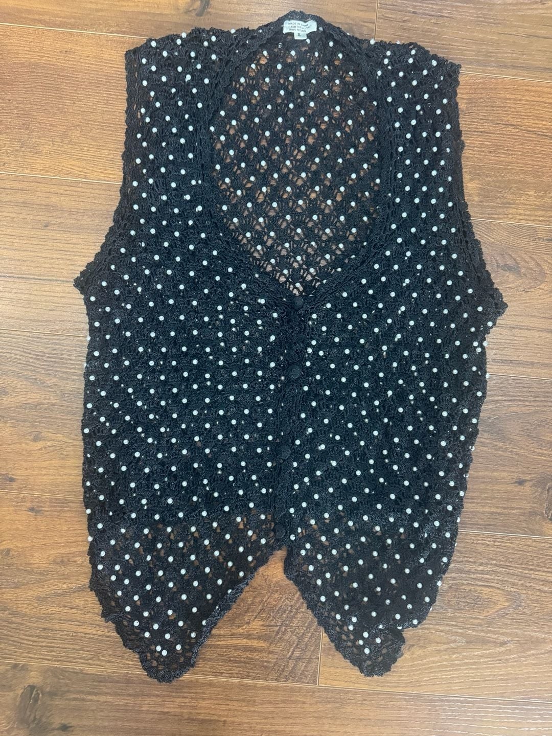Vintage Black Crochet Faux Pearl Beaded Open Front Vest Women’s Size L