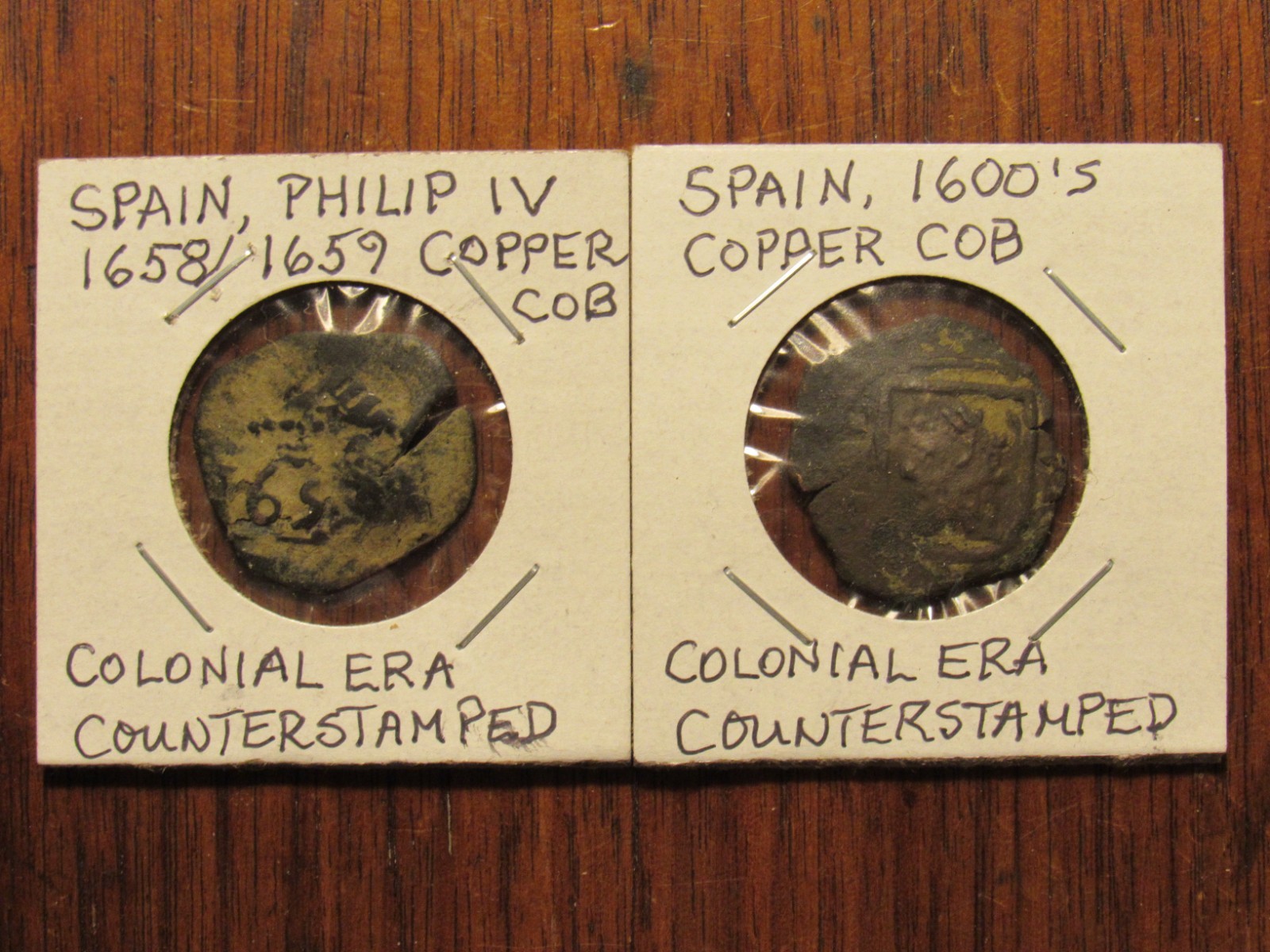 SPAIN , PHILIP IV, 1600\'s AD  ~  TWO COUNTERMARKED COB COPPERS  ~  PIRATE MONEY