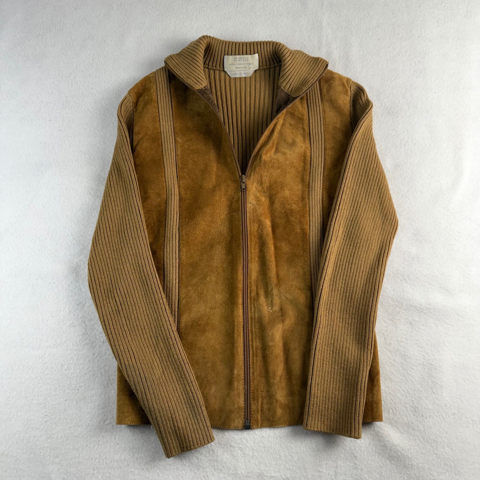 Barneys New York Vintage Italy Suede Wool Knit Zip Jacket sz M Camel Brown