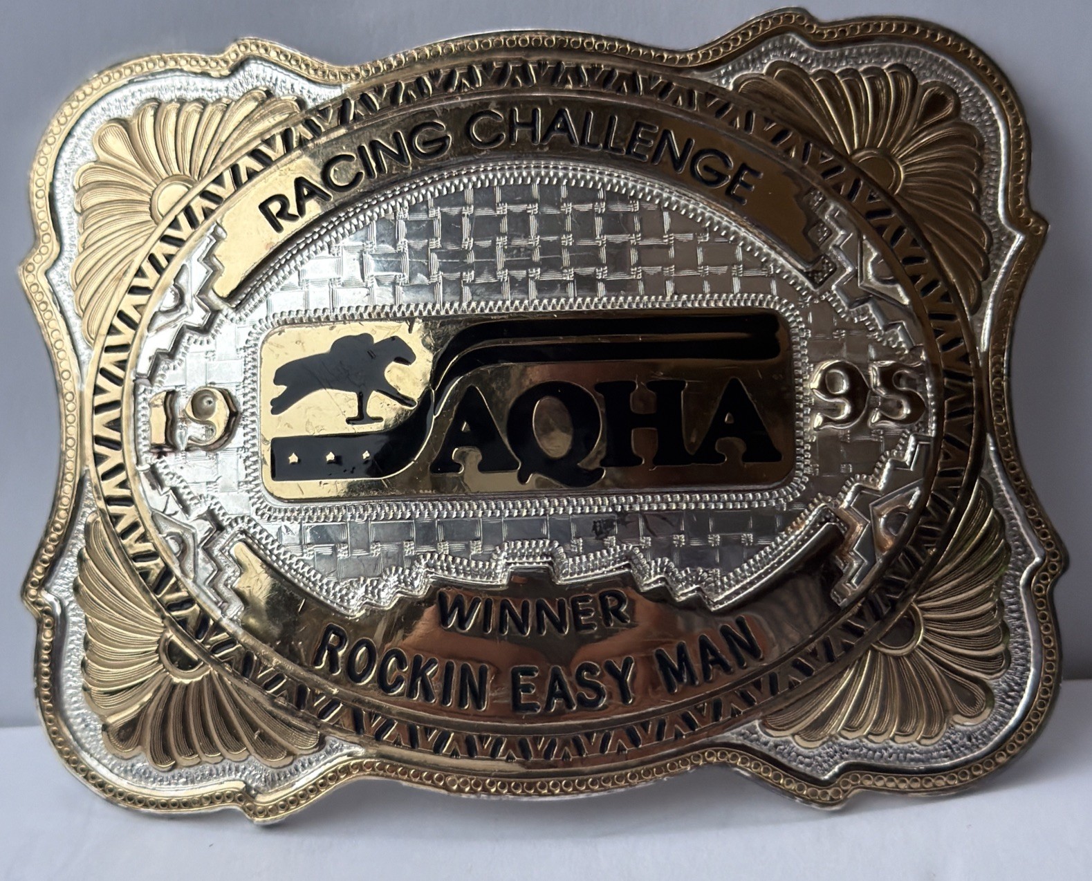 Vintage 1995 AQHA Racing Challenge Trophy Belt Buckle Montana Silversmiths: 2A3 Vintage 1995 AQHA Racing Challenge Trophy Belt Buckle Montana Silversmiths: 2A3