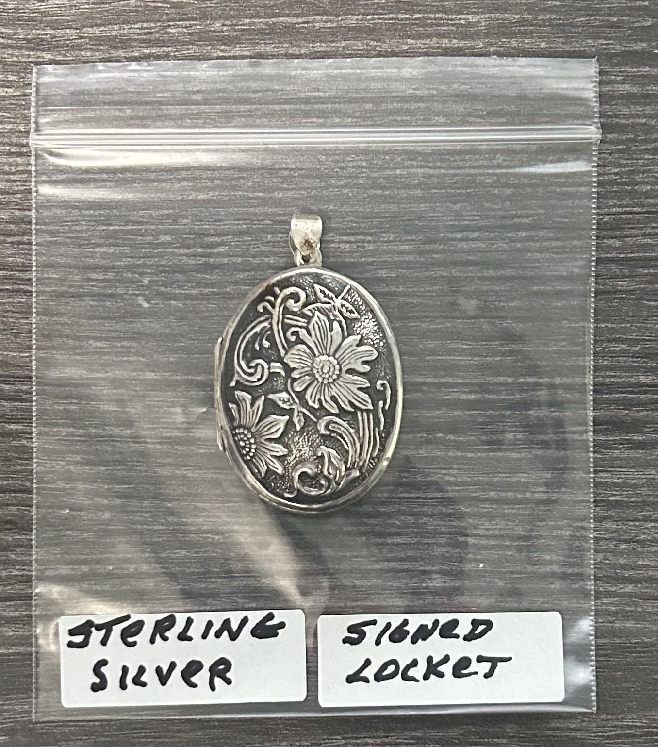 VTG Signed ATI TH Sterling Silver 925 Oval Locket, Flower Bee Scrollwork Pendant